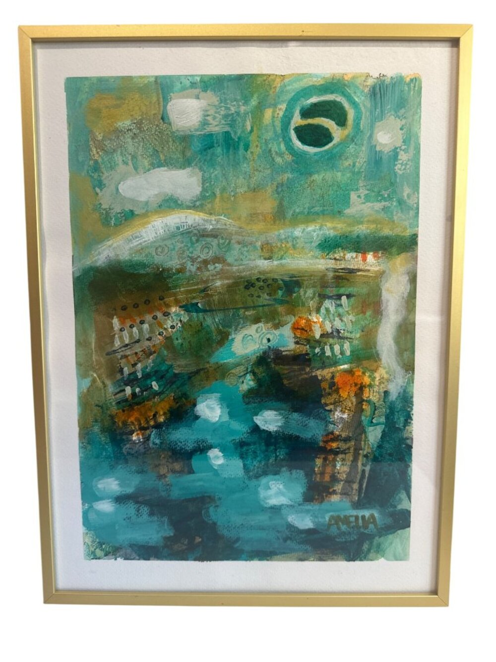 Original Art Abstract Landscape Acrylic Painting In Gold Frame Wall Art Decor